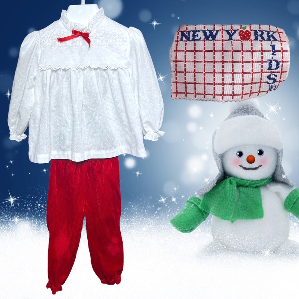 VTG 80's/90's NEW YORK KIDS White Top w/ Red Velour Pants Christmas Outfit 3T